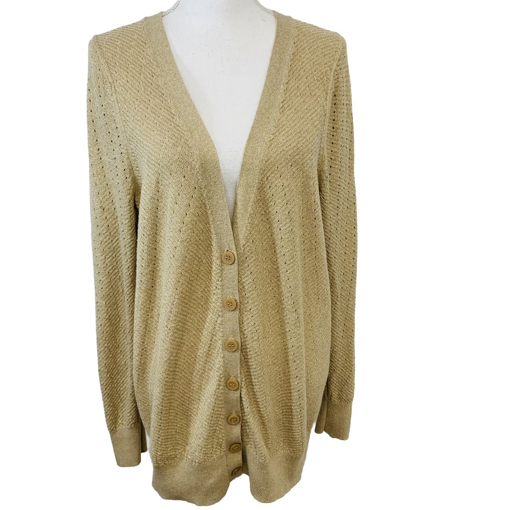 Lane Bryant Gold Metallic Pointelle Knit V-Neck Cardigan Sweater Size 14/16